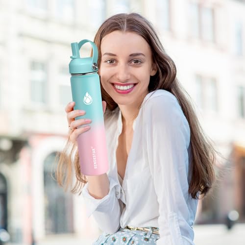 Image of SENDESTAR Water Bottle 32oz Double Wall Vacuum Insulated Leak Proof Stainless Steel Sports Water Bottle-Wide Mouth with New Flex Straw Lid & Spout Lid (Bubble Gum)