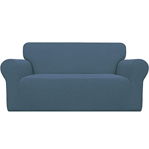 Easy-Going Stretch Loveseat Slipcover 1-Piece Sofa Cover Furniture Protector Couch Soft with Elastic Bottom for Kids Polyester Spandex Jacquard Fabric Small Checks (Loveseat, Bluestone)