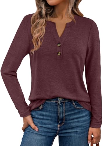 WYNNQUE Womens Long Sleeve Shirts Business Casual Outfits Dressy Tops Blouses Henley V Neck Fall Clothes WineRed M