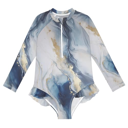 ALAZA Swimsuit for Girls Long Sleeve Rashguard Bathing Suit Marble White Blue Quick Dry 4T