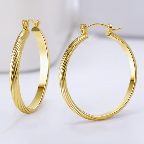 14K Gold Hoop Earrings For Women Trendy 14K Gold Earrings Classic Line Shiny Polished Hypoallergenic Earring for Women 35MM2