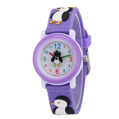 Jewtme Cute Toddler Children Kids Watches Ages 3-8 Analog Time Teacher 3D Silicone Band Cartoon Watch for Little Girls Boys, Penguin purple, Analog Watch