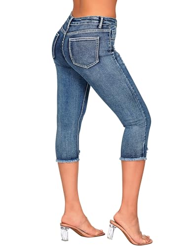 roswear Women's Capri Pants Mid Rise Skinny Ripped Stretchy Cropped Distressed Jeans2
