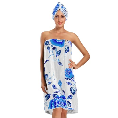 Bulletgxll Blue Roses and Leaves Women's Shower Wrap Towel Set of 3 Adjustable Spa Body Wrap Super Absorbent Bathrobe with Hair Towel & Headband