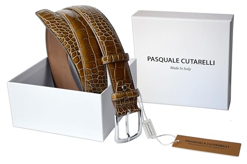 Image of Men's Italian Crocodile Embossed Leather Belt | Genuine Italian leather. Refined crocodile embossed texture. 35mm (1.38 inch) dress width. Handmade in Italy. Gift boxed.
