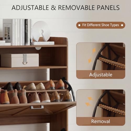Image of Shoe Cabinet with 2 Flip Drawers, Freestanding Hidden Shoe Storage Organizer for Entryway, Narrow Slim Shoe Rack Cabinet with Open Storage & Hooks for Front Door Entrance, Living Room, Hallway, Walnut