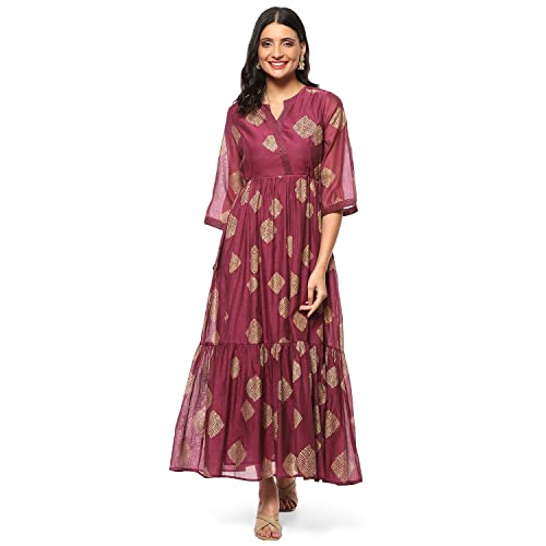 Image of BIBA Women Casual Dress Maxi Cotton Blend Tiered Printed Dress