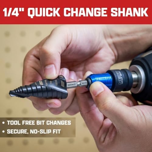 Image of NEIKO 10608B Step Drill Bit, 9 Steps 1 /4 inch to 3 /4 inch Spiral M35 Cobalt, AlTiSiN Coated, 1 /4 inch Quick Change Step Bits for Steel, Metal, Wood, Plastic, Unibit Cone Drill Bits, Two Flute