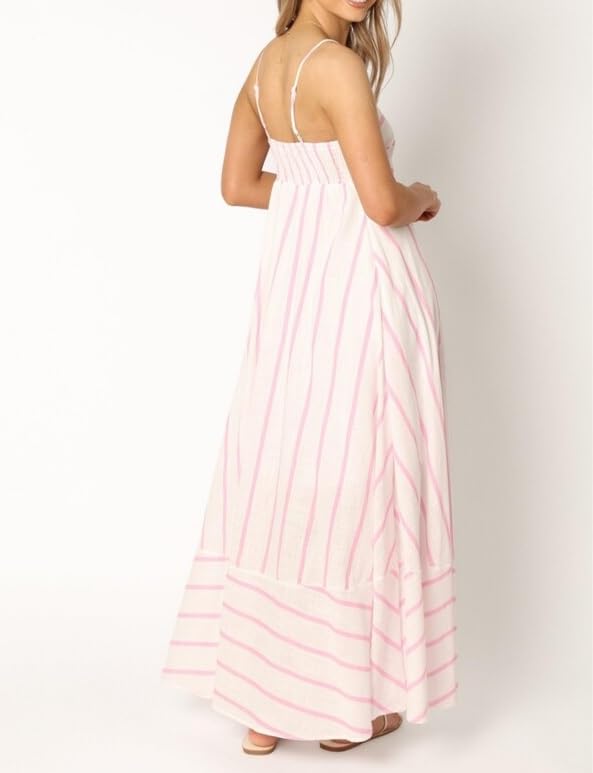 Image of NUFIWI Women Summer Striped Maxi Dress Spaghetti Strap Cutout Ruffle Long Dress Flowy Swing Beach Vocation Dress