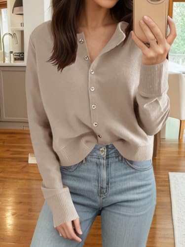 Image of Saodimallsu Womens Button Down Cardigan Sweaters Lightweight Long Sleeve Crew Neck Summer Knit Open Front Tops Khaki