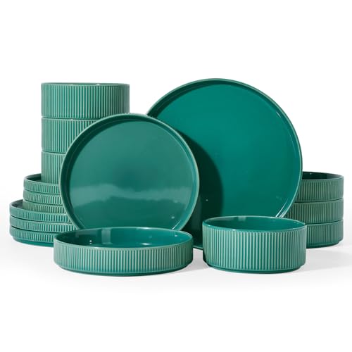 Image of Famiware Star Stoneware Dinnerware Sets with Pasta Bowls, 16pc Dishes for 4 | Ceramic Flat Plates and Double Bowls. Chip & Scratch Resistant. Microwave & Dishwasher Safe, Everyday & Party Use, Sage Green