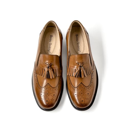 Image of BEAU TODAY Tassel Loafers for Women,Leather Brogue Dress Shoes,Wingtips Oxford for Women,Breathable Comfortable Slip-on Lace-up Handmade Flat Shoes for Business Work
