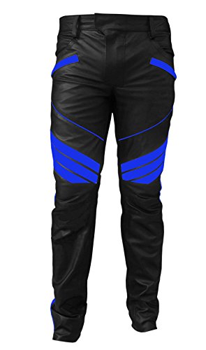 Mens Sexy Real Black & Blue Leather Motorcycle Bikers Pants Jeans Trouser