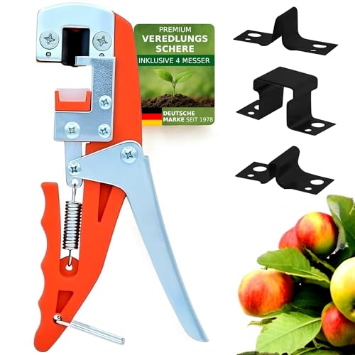 GARTENPAUL Premium Veredlungsschere mit 4 Messer, Omega V W Okulation, Veredlungsmesser Veredlungszange Gartenschere Rosenschere, 30 Jahre Qualität, Okulier-Schere Messer, Obstbäume Rosen Pflanzen