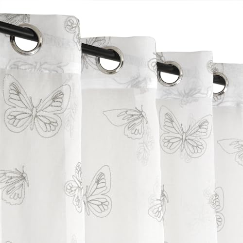 Atout Ciel Rideau Voilage Brodé Papillons, à œillets 140x240cm prêt à Poser, Blanc/Gris