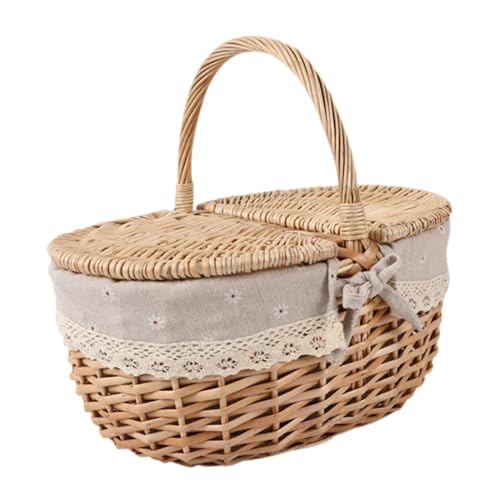 perfk Cesta de Mimbre para Picnic, Cesta de Almacenamiento con Tapa y asa, contenedor rústico, Cesta Tejida de Mimbre para Exteriores, Fiestas en la Playa, Gris Beige, pequeño