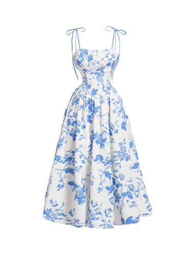 Image of SHENHE Women's Floral Bustier Corset Dress Tie Shoulder Smocked Flowy Boho Long Dress Sundress