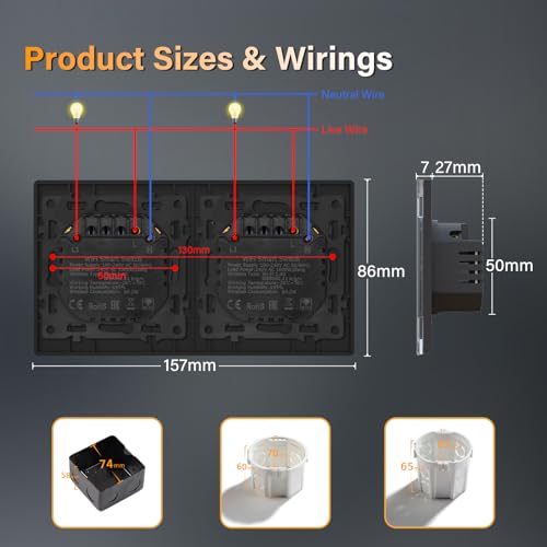 BSEED Lichtschalter Glas Smart WiFi Wechselschalter Aufputz Unterputz Compatibel mit Google Home und Alexa Neutrale Leitung Ben&ouml;tigt, 1 Fach 1 Weg, 157mm Grau