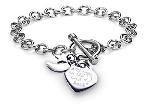 Pearlina Charms Bracelet Heart Toggle I Love You To The Moon and Back Stainless Steel Chain 7.5