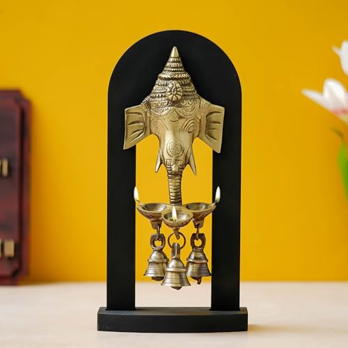 Image of eCraftIndia Golden Ganesha Brass Diya with 3 Wicks & Bells | Diwali Decoration Items for Home Decor | Gift for Diwali Housewarming