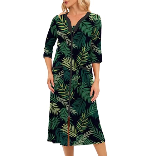 Verve Jelly Bata de baño con cremallera para mujer, manga 3/4, estampado floral, ligera, con bolsillos, ropa de descanso para mujer, Hojas verdes, XXL