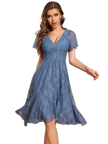 Image of Ever-Pretty Women's V Neck Short Sleeves Lace A Line Hi-Lo Midi Semi Formal Dress 02489