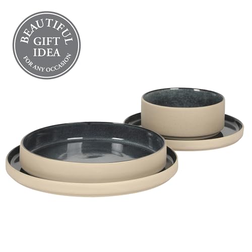 Image of Gibson Elite Liberty Bay 16-Piece Pottery Clay Stoneware Dinnerware Set - Blue Reactive Glaze, Stackable Plates and Bowls W /Pasta Bowl, Service for 4 - Microwave & Dishwasher Safe