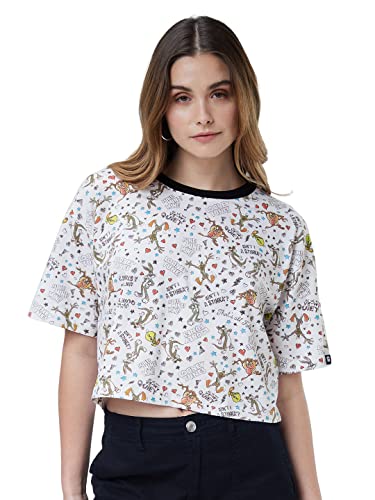 Image of The Souled Store| Official Looney Tunes: Doodle Pattern Women and Girls T-Shirts|Half Sleeve|Loose fit Graphic Printed|100% Cotton White Color Women Oversized Cropped T-Shirts