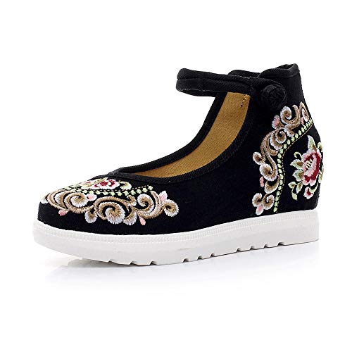High Finish Floral Embroidered Women Canvas Flat Platforms Mid Top Ankle Strap Style Ladies Casual Denim Shoes Embroidered Shoes (Color : Black Size : 9)2