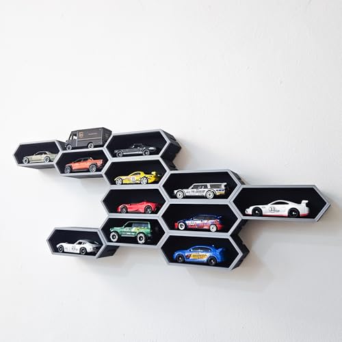 Image of Garage64 Modular Hexagon Wall Display Shelf for 1 /64 Scale Diecast Cars | Expandable Honeycomb Storage Organizer | Tool-Free Assembly | Matte Black | Compatible with Most Collectible Mini Cars | 1 PC