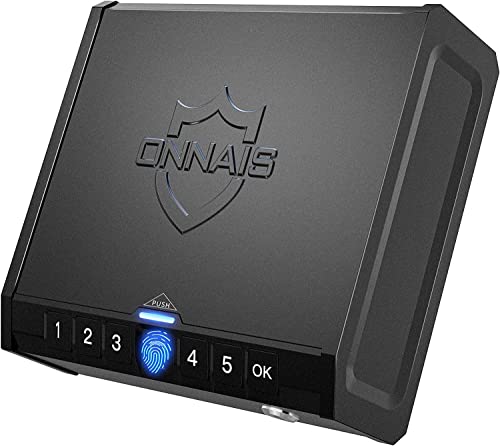 ONNAIS IRON PLUS Gun Safe - Biometric Gun Safe for Pistols, Quick-Access Handgun Safe Gun Lock Box Firearm Safety Device with Fingerprint, Keypad and Keys, Pistol Safe for Home Bedside Nightstand Car
