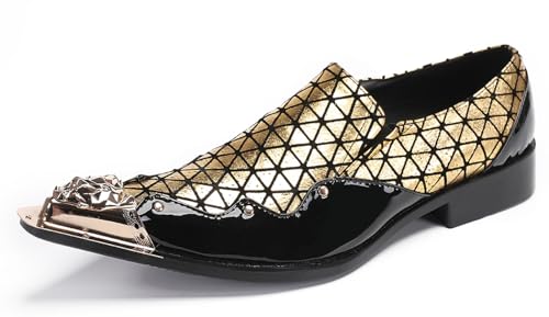 Santimon Mens Loafers Party Dress Slip On Disco Shoes -Wedding Casual Two Tone Leather Penny Loafers- Tuxedo Plaid Metal Tip Toe Shoes for Men Boys