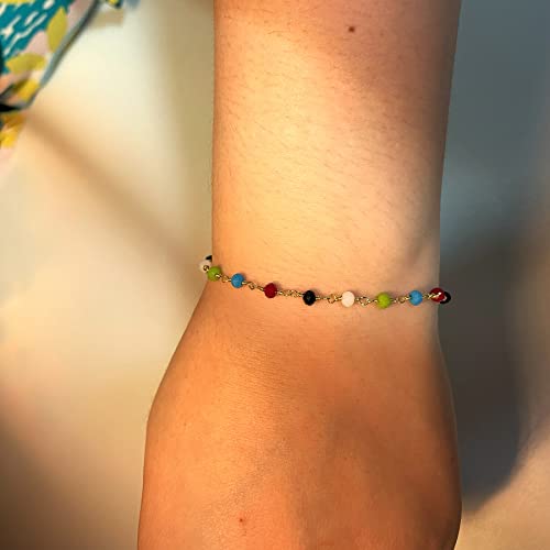 Image of Womens Dainty Gold Chain Bracelet,Simple Layered Chain Bracelets,Beaded Turquoise Bracelet,Charm Crystal Bar,Heart,Karma,Triangle,Pearl Bracelets for Women