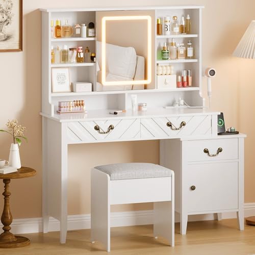 GarveeHome Vanity Desk with Sliding Mirror and Lights, White Makeup Vanity with Stool, Retractable Dressing Table with Outlet, Hair Dryer Rack, Drawer