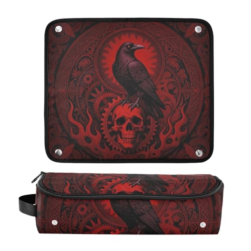 Estuche de viaje 2 en 1 para rizador y plancha de cabello y tapete resistente al calor grande para herramientas calientes, rizador, plancha, volumizador de cabello estilo rojo gótico con calavera Raven miniatura 3