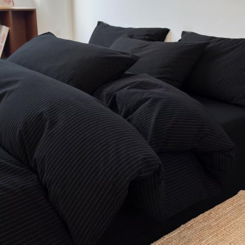 Image of PinkMemory Black Striped Duvet Cover Queen White Pinstripe Duvet Cover Bedding Set 100% Washed Cotton Stripes Patterned 3pcs Retro Striped Bedding with Zipper Closure Corner Ties,Soft Breathable