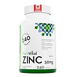 PlantVital Zinc Supplements - High Potency 50mg - Immune Support, Healthy Bones, Hair, Nail and Skin with Zinc Gluconate - Canadian Made, Health Canada Licensed - Additive-Free - 240 Zinc Tablets
