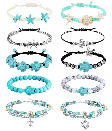 FASACCO 10 PCS Turtle Ankle Bracelets for Women Waterproof Handmade Starfish Sea Turtle Bracelet Adjustable Boho Summer Beach Bracelets for Women Men Bahamas Souvenirs