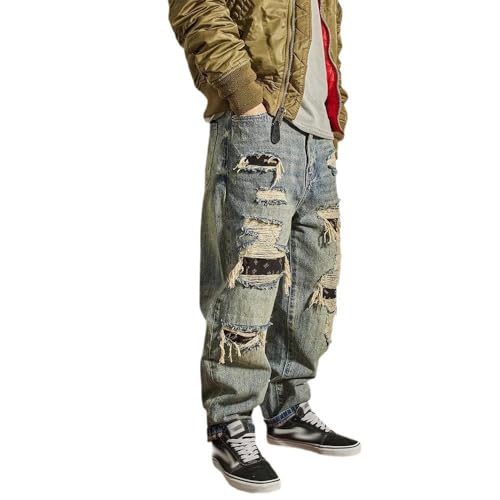 Men's Baggy Ripped Jeans Y2k Retro Distressed Patch Hip-hop Rock Street Style Cargo Denim Pants