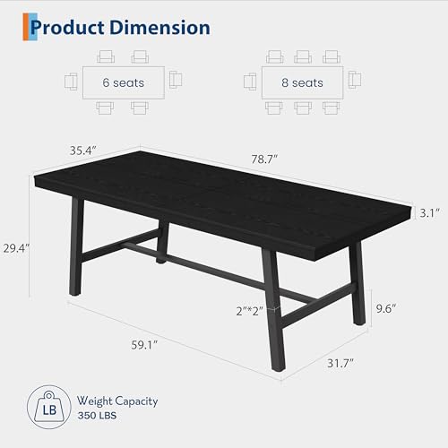 Image of GarveeHome Industrial Dining Table for 6-8 People, 78.7 inch Long Large Kitchen Table with Sturdy Metal Frame, Rectangular Counter for Dinner, Kitchen, Dining Room (Black, 79 inch Non-extendable)