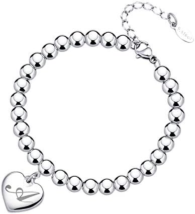 Estendly Initial Charm Bracelets for Teen Girl Stainless Steel Beads Heart Letters A Bracelet for Women Valentine's Day Gift