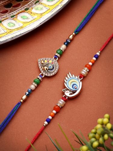 Image of Sukkhi Rakhi Trendy Floral Design Gold Plated AD Stones & Pearls Combo Rakhi for Brother with Roli Chawal & Greeting Card| Set of 2