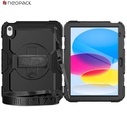 Image of Neopack Military Grade Shockproof Rugged Case with Shoulder Strap & 360 Degree Rotating Stand Compatible with iPad 10.9, Fits: 10th Gen (Black)