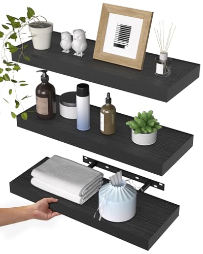 Image of WALI Floating Shelves for Wall, 3 Tier Bathroom Storage Shelf Over Toilet, for Bedroom Bookshelf, Living Room Decor, Kitchen, Nursery, Laundry, Soundbar Floating Shelf Mount Under TV (CS103L), Black