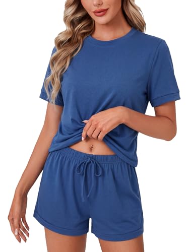 Image of LYANER Pajama Set for Women 2 Piece Lounge Set Striped Crew neck Short Sleeve Tops and Shorts Soft Sleepwear