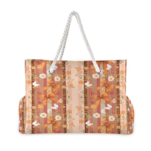 Flower Ribbon Beach Tote Bag for Women Large Pool Bags Carry On Bag With Wet Compartment for Beach Travel with Pocket Zipper Outdoor Tote Bag2