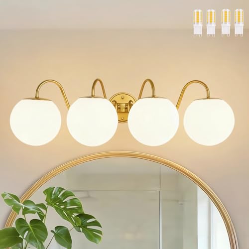 Image of Vintage Brushed Gold Bathroom Vanity Light Fixtures Over Mirror 4 Lights