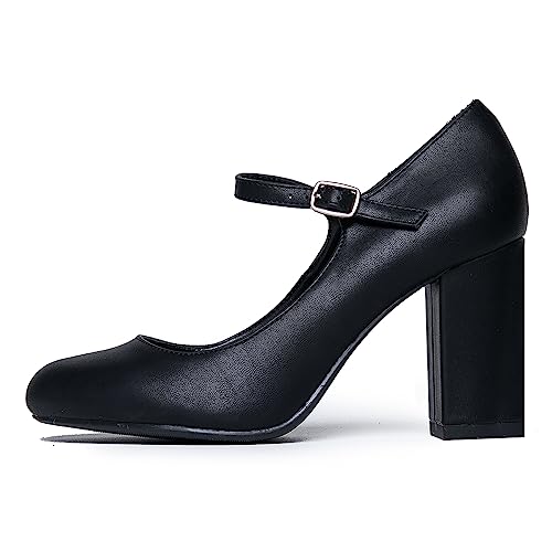 FSJ Women Round Toe Chunky High Heel Mary Jane Pumps with Strap Comfortable Office Work Church Dress Shoes Size 4-15 US2