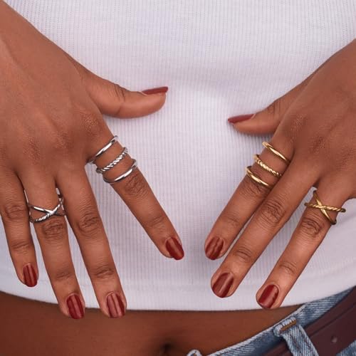 14k Gold Waterproof Rings for Women Non Tarnish Plated Gold Silver Knuckle Rings Set and Beach Wide Band Cheap Wedding Wavy Stacking Rings Size Stacking Vintage Statement Women's Rings4