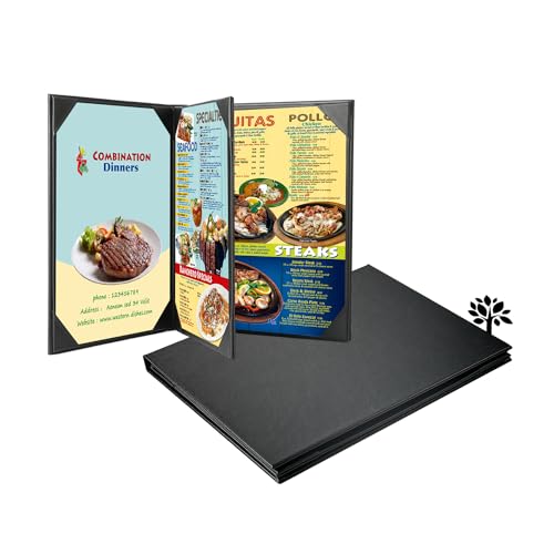 Leather Menu Covers Holders with Strong Wood Inside for 8.5x11 Inches,Four Views Leather Menu Holder for Wine List, Drinks, Cafes, Bar, Hotel(8.5" x11"/4 View-Book Style/1 pcs)